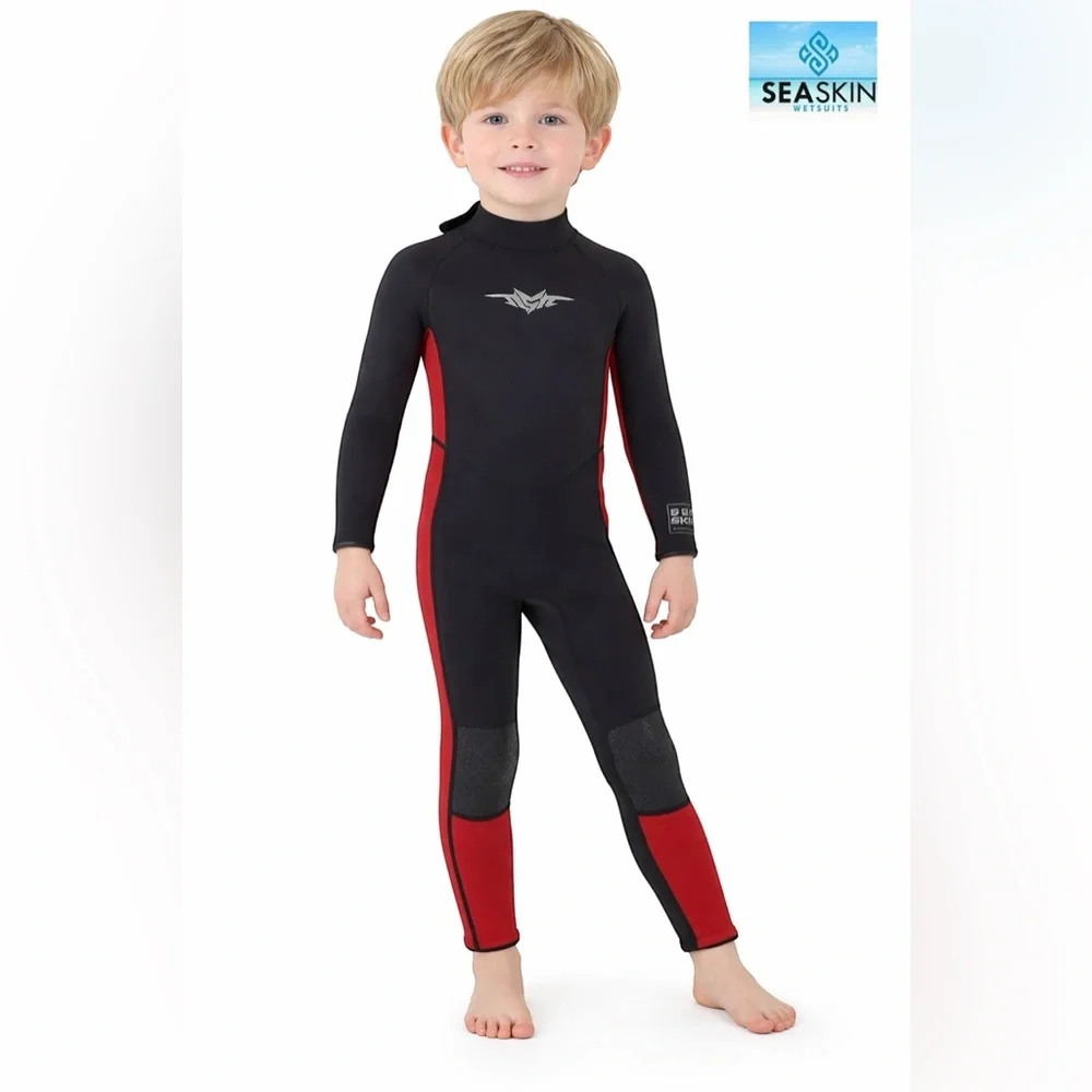 Seaskin Kids Full Wetsuit in Black and Red Neoprene